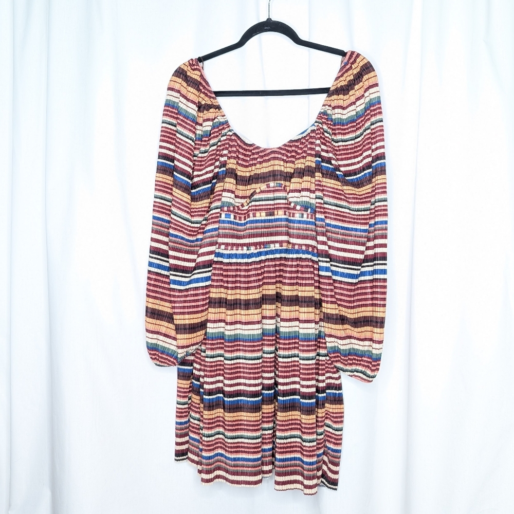 Zara Chocolate Brown Corset Top Stripped Puff Sleeve Pleated Mini Dress Babydoll